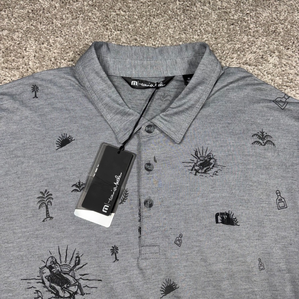 TravisMathew Ice Breaker Polo Shirt XL Mens Grey Skeleton Palm‎ Tree 1MV347 NWT